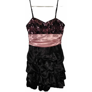 B. SMART WOMENS FORMAL PROM DRESS PINK SEQUIN/WAIST BLACK RUFFLE SKIRT SIZE 9/10